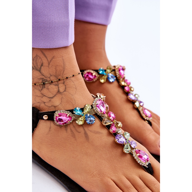 Flip Flops din piele intoarsa cu pietre Negru Frency 4