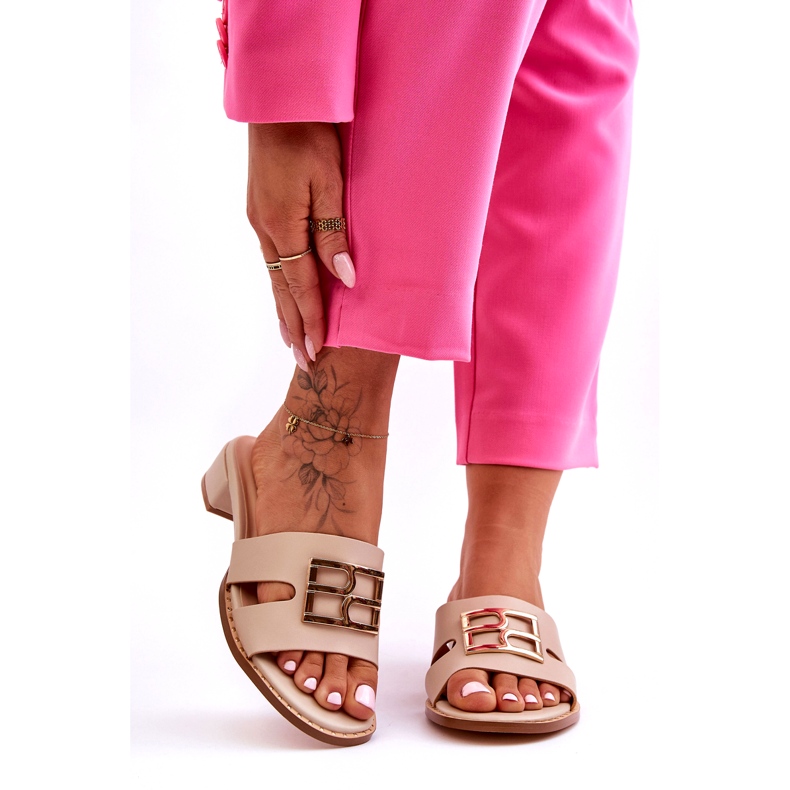 Flip-flops eleganti de damă, bej, cu decor auriu 5