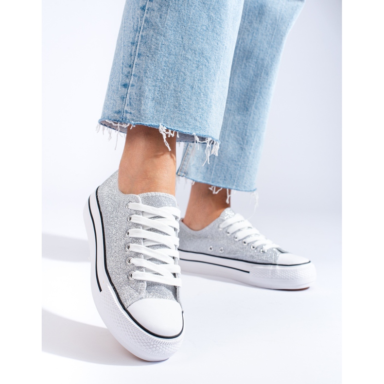 Tenisi gri din brocart cu talpa groasa de la Shelovet 1