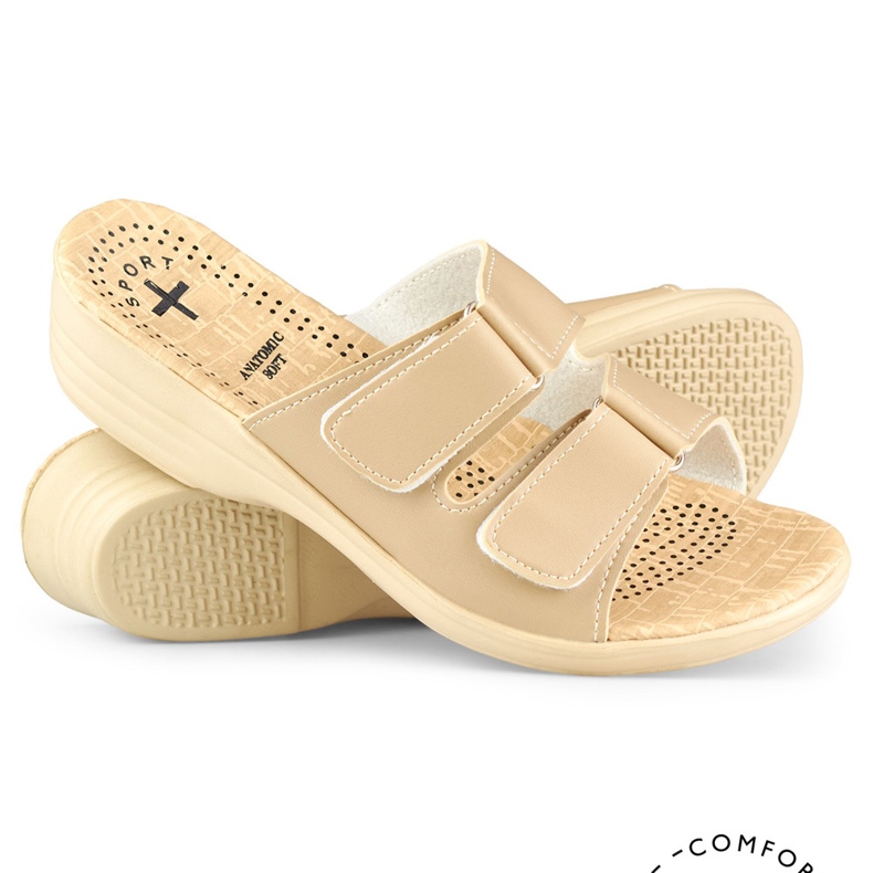 Papuci de dama comozi cu velcro bej 1