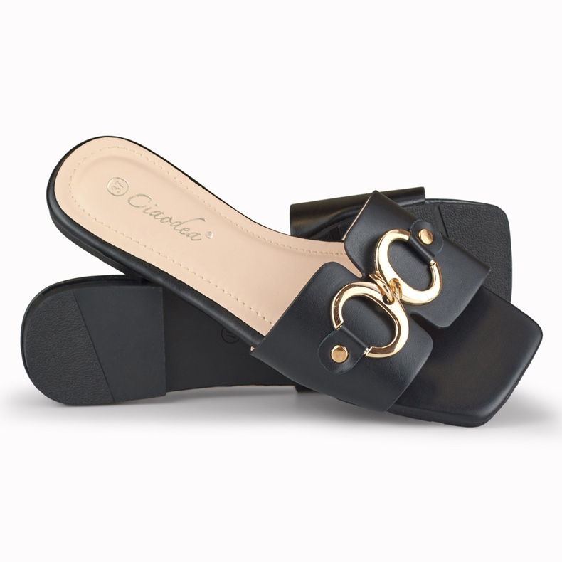 Papuci de dama negri cu decor Hensi auriu negru 1