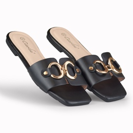 Papuci de dama negri cu decor Hensi auriu negru 2