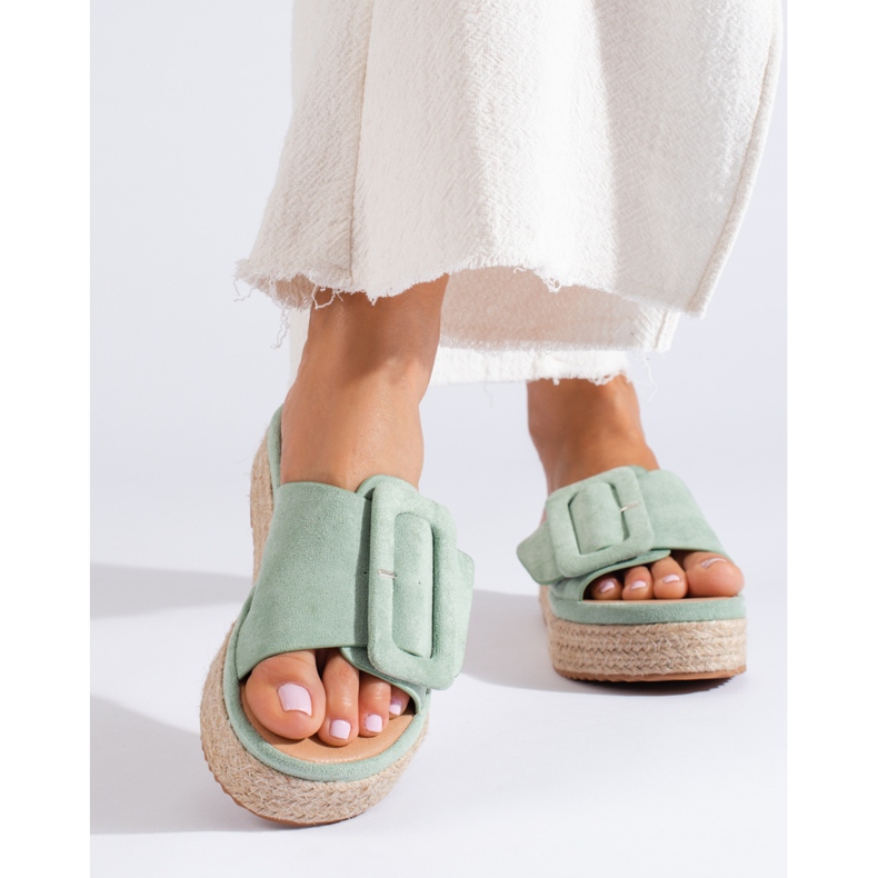Sandale espadrile din piele intoarsa menta pe platforma Shelovet verde 2