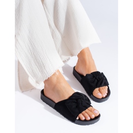 Papuci de damă din piele intoarsa neagra pe platforma Shelovet negru 1