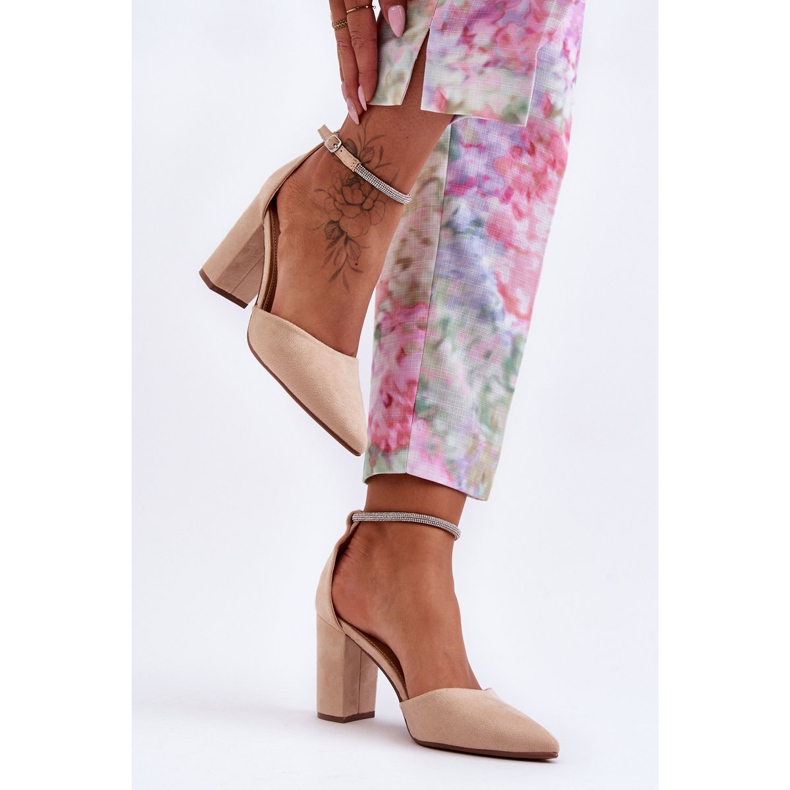 Pompe din piele intoarsa cu zirconi bej diamant 1