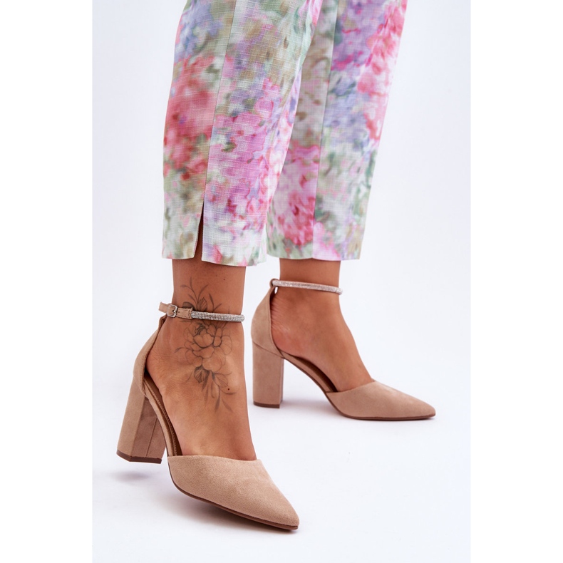 Pompe din piele intoarsa cu diamant, bej inchis, cu zirconiu cubic 1