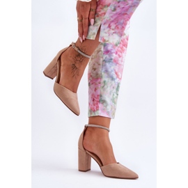 Pompe din piele intoarsa cu diamant, bej inchis, cu zirconiu cubic 2