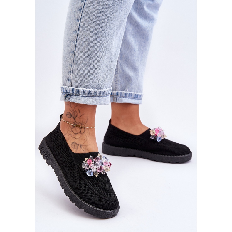 PM1 Tenisi Slip-on De Damă Cu Pietre Negru Simplu 1
