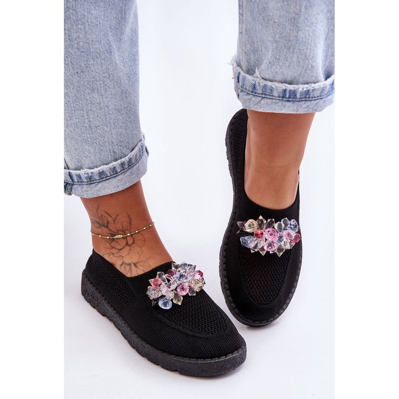 PM1 Tenisi Slip-on De Damă Cu Pietre Negru Simplu 2