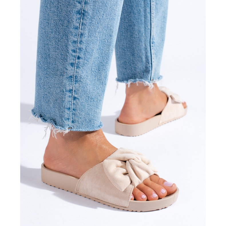 Papuci de damă din piele intoarsa bej de la Shelovet 1