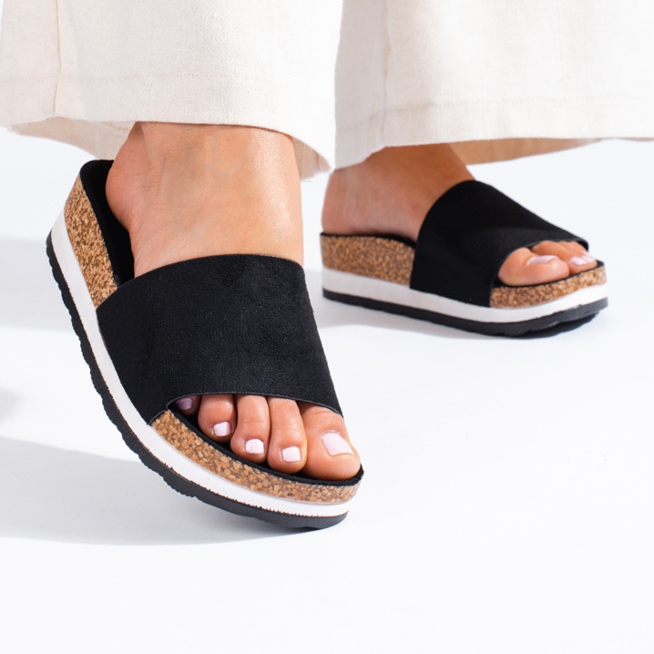 Papuci din piele intoarsa neagra cu talpa Shelovet groasa negru 1