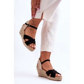 Sandale de damă din piele intoarsa pe o pană împletită Tessa neagră negru 1