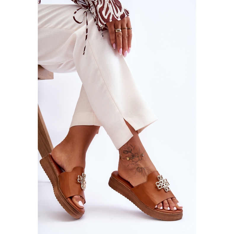 PG1 Papuci De Dama Piele Platforma Cu Decorat Maro Azera 1 PG1 Papuci De Dama Piele Platforma Cu Decorat Maro Azera 1