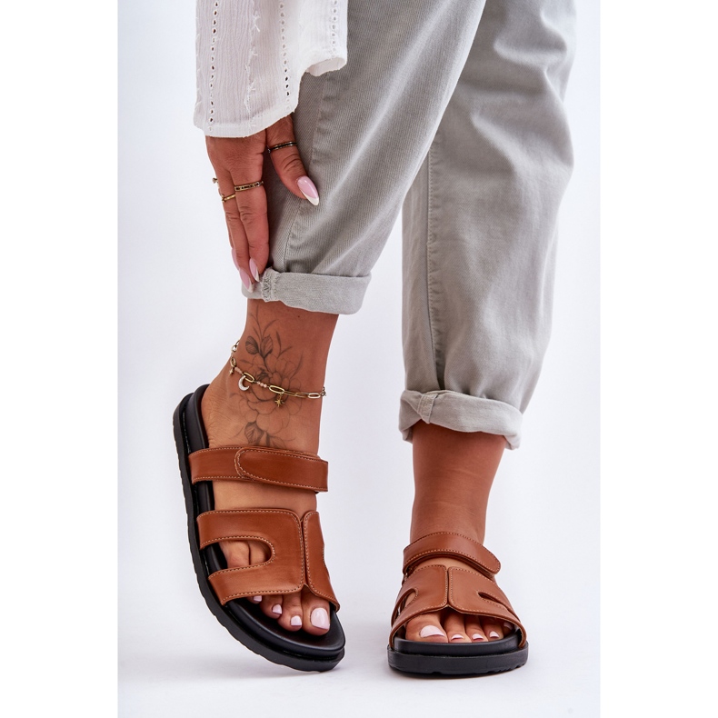 FJ1 Papuci de damă clasici din piele cu velcro, maro Amedon 2