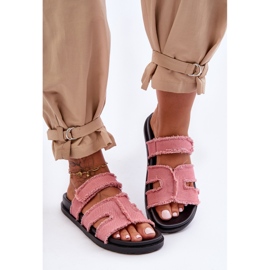 Papuci de damă din stofă cu velcro, roz Lamirose 2