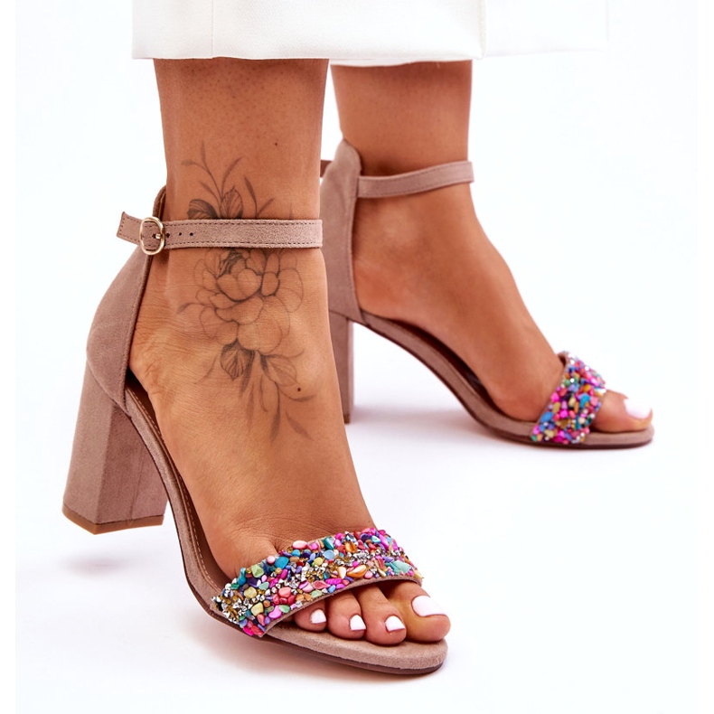 Sandale La modă Toc Înalt Cu Pietre Decorative Bej Love Me 4