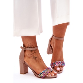 Sandale La modă Toc Înalt Cu Pietre Decorative Bej Love Me 3