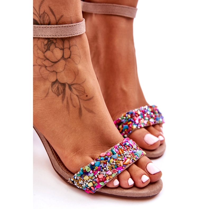 Sandale La modă Toc Înalt Cu Pietre Decorative Bej Love Me 1