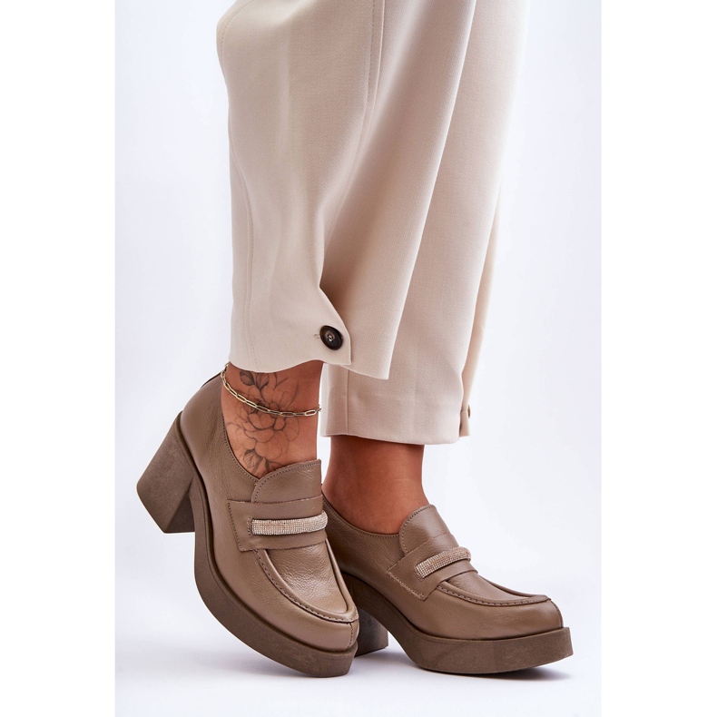 Lemar Brogues Piele Pe Toc Cu Decoratie Bej Inchis Gelanor 1