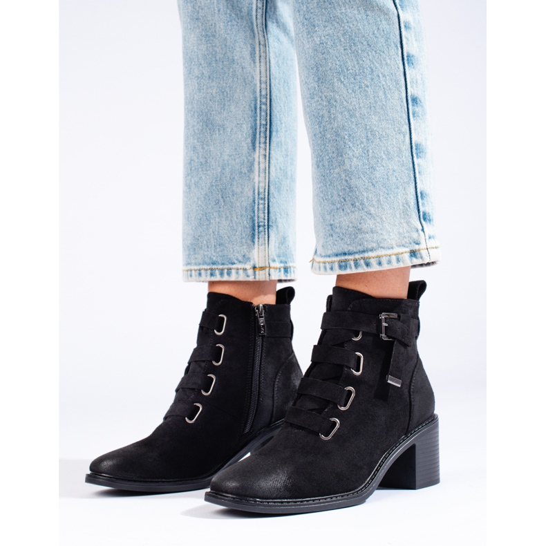 Botine negre de damă cu toc înalt negru 1