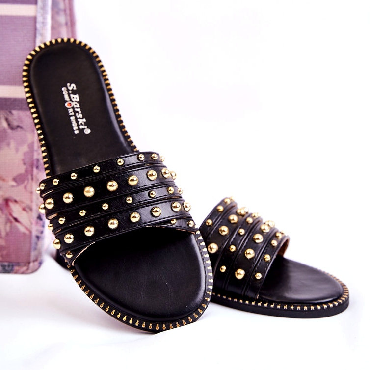 S.Barski Papuci de damă din piele cu ornament negru 2