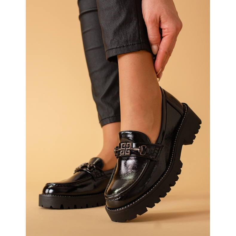 Mocasini de damă lăcuți pe talpă groasă Shelovet neagră negru 2