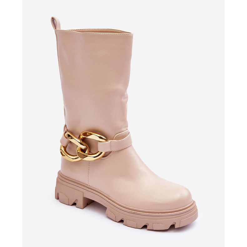 Cizme din Piele Toc Plat Diominna Bej 1 Cizme din Piele Toc Plat Diominna Bej 1