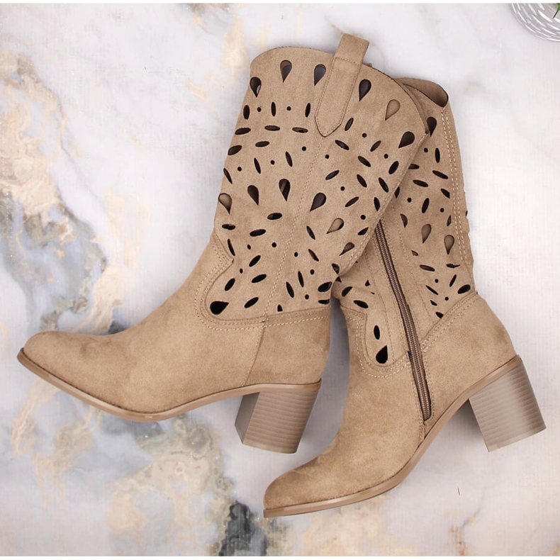 M. DASZYŃSKI Cizme de cowboy ajurate calde de damă, bej M.Daszyński MR2337-3 1