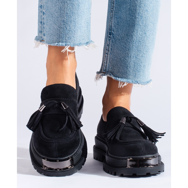 Mocasini cu ciucuri de piele intoarsa neagra de la Shelovet negru 1