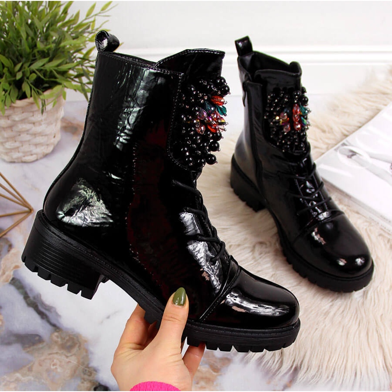 Cizme de dama cu margele izolate lacuite negru Jezzi RMR2071-15 2