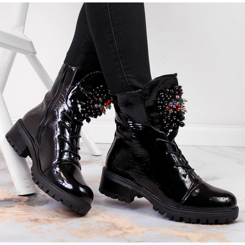 Cizme de dama cu margele izolate lacuite negru Jezzi RMR2071-15 1