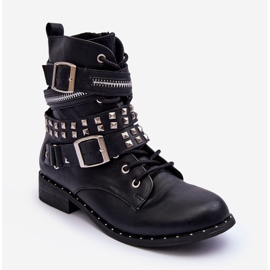 LU BOO Botine pentru copii cu știfturi, fermoar și catarame, negre negru 1 LU BOO Botine pentru copii cu știfturi, fermoar și catarame, negre negru 1