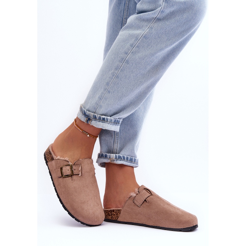 Flip-flops de damă bej din piele intoarsa cu blana Haidamia 2