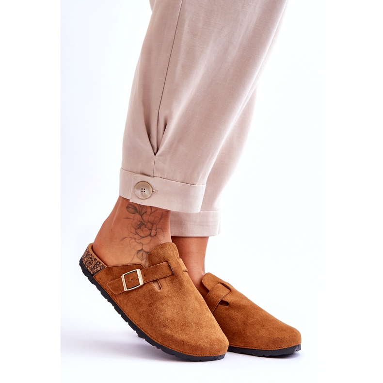 Flip-flops din piele intoarsa pe o platforma din pluta camel maro 3