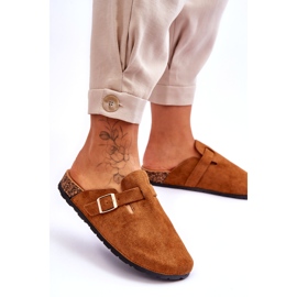 Flip-flops din piele intoarsa pe o platforma din pluta camel maro 1