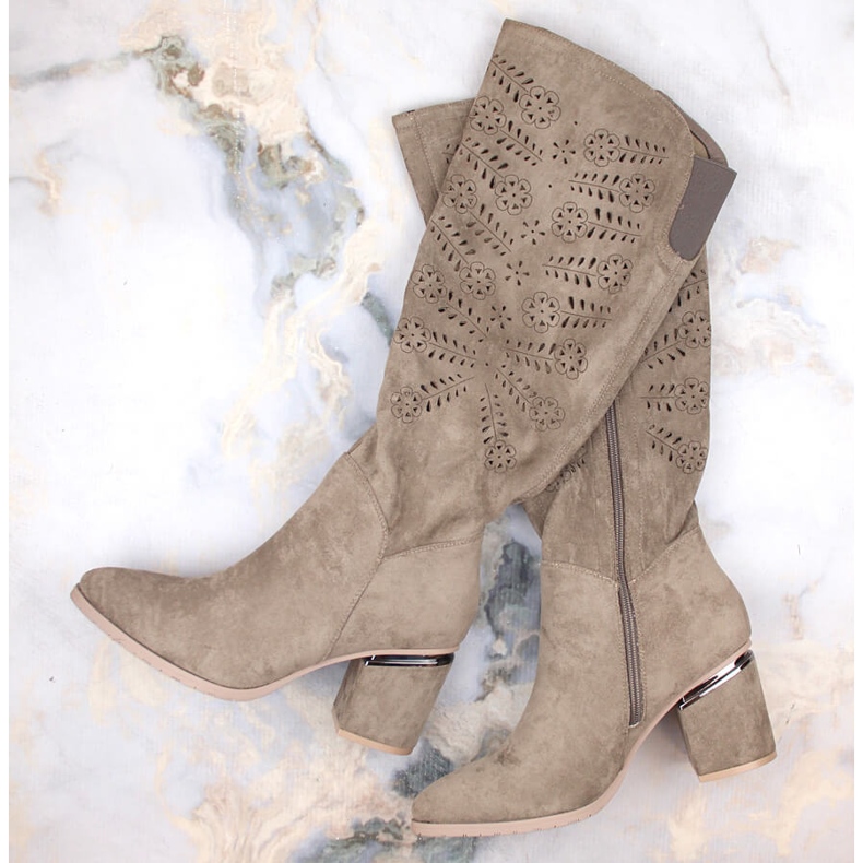 Cizme ajurate dama din piele intoarsa bej Vinceza 16443 1