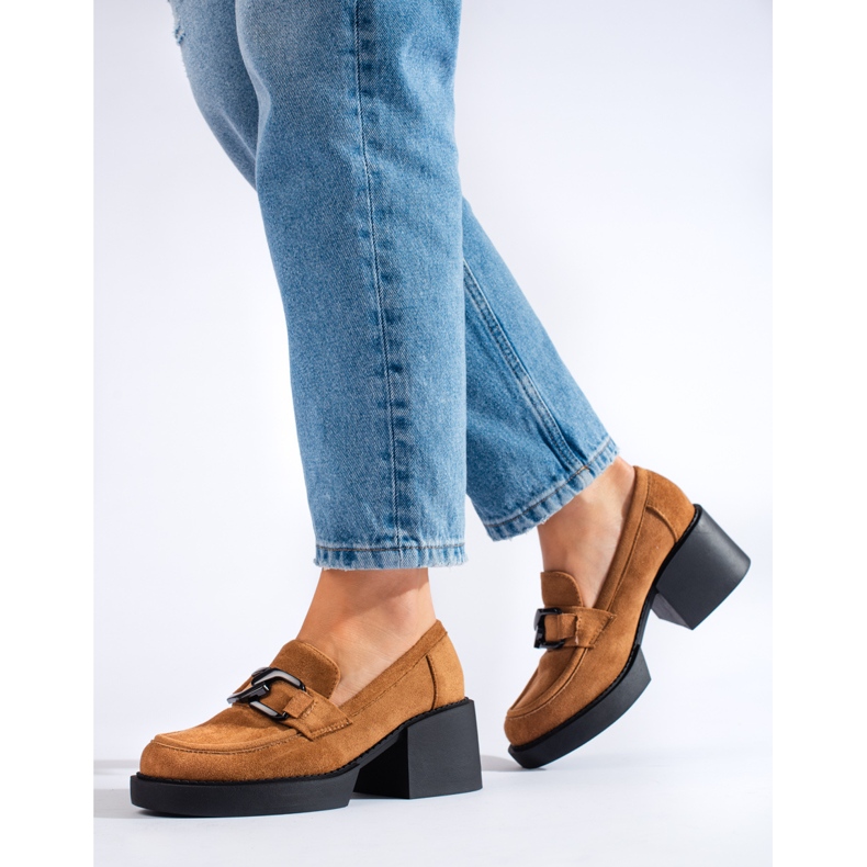 Pantofi cu toc înalt de damă Shelovet din piele intoarsa camel maro 2