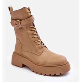 Cizme de muncitor din piele cu toc plat cu cataramă, Samivlo bej 2