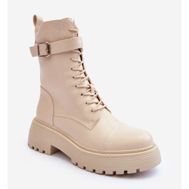 Botine de muncitor din piele cu toc plat, cu cataramă Samivlo bej deschis 1