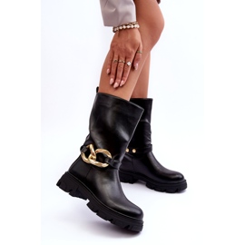 Cizme eco-din piele cu toc plat cu o decorare neagră negru 1