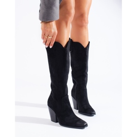 Cizme de cowboy cu toc înalt de piele de piele neagră Shelovet negru 2