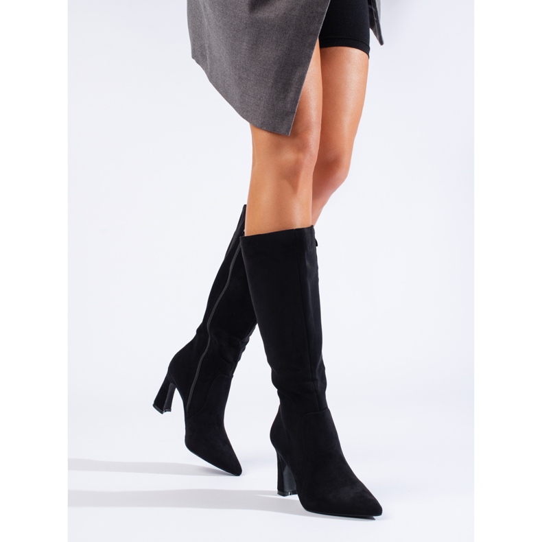 Cizme de dama cu toc inalt Shelovet din piele intoarsa neagra negru 1