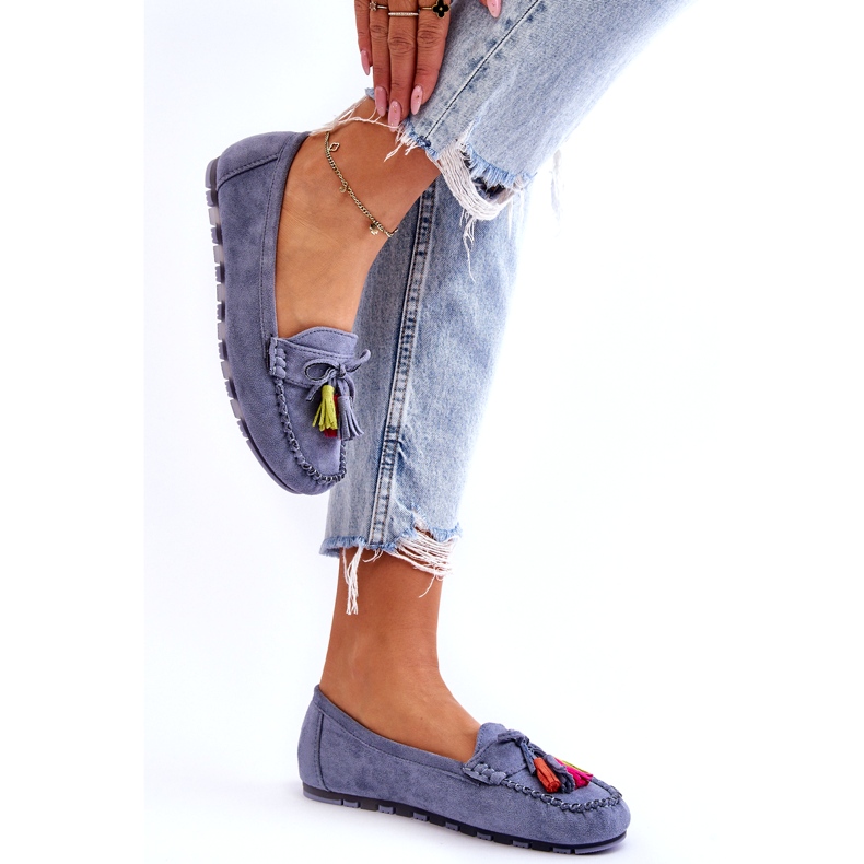 Mocasini albastri din piele intoarsa cu fundita si franjuri albastru 1
