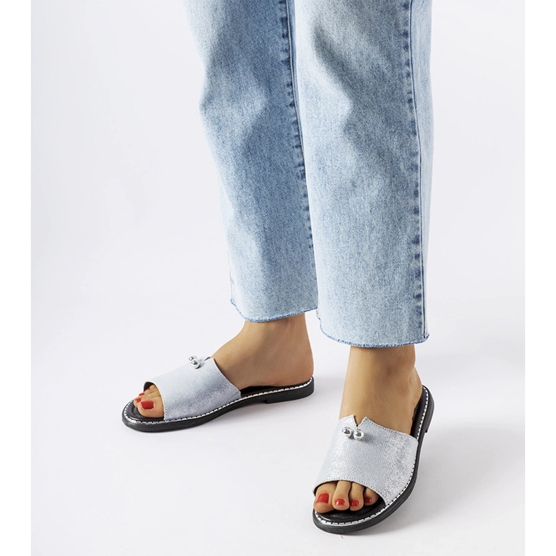 Sandale metalice albastre cu perle Frederi argint 1