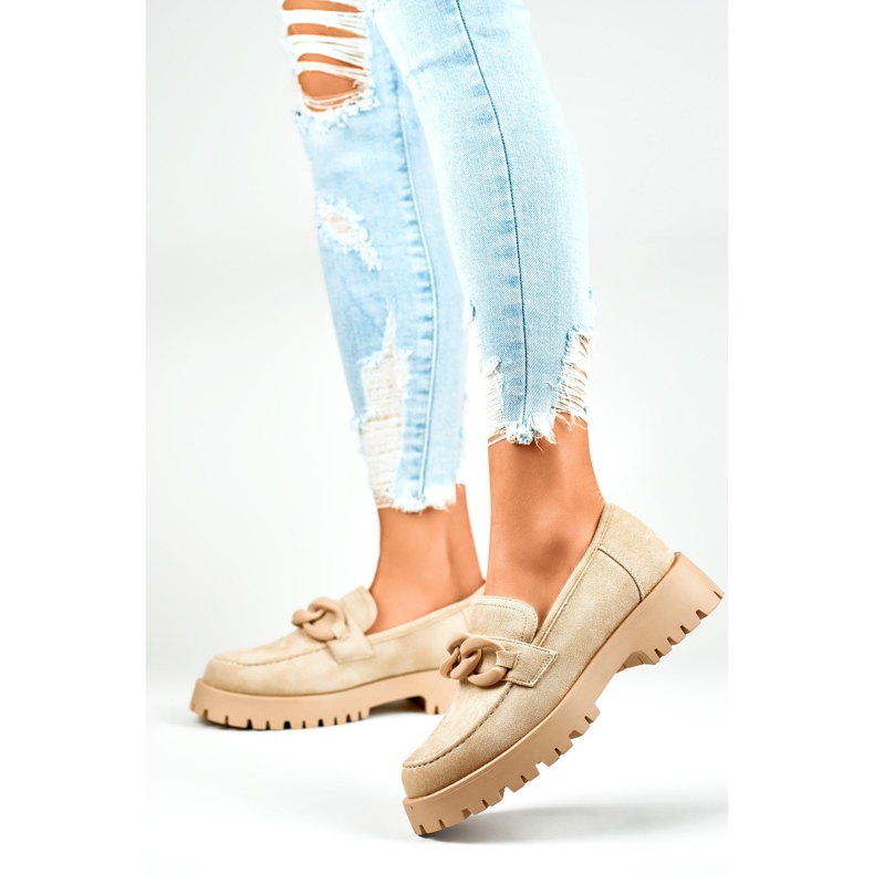 Mocasini de dama de piele intoarsa bej cu lant 2