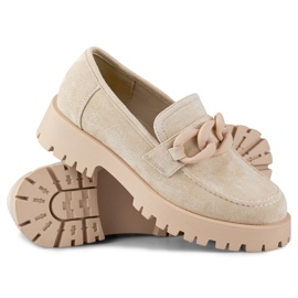 Mocasini de dama de piele intoarsa bej cu lant 1