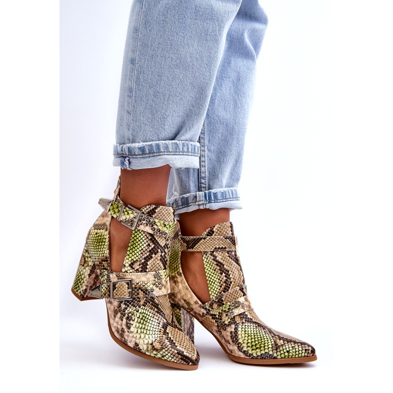 Botine la modă cu toc înalt cu decupaje, bej și verde 1