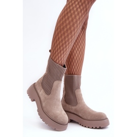 PS1 Botine din piele intoarsa cu ciorap pe platforma si toc plat, Bej Inchis Rewam 1