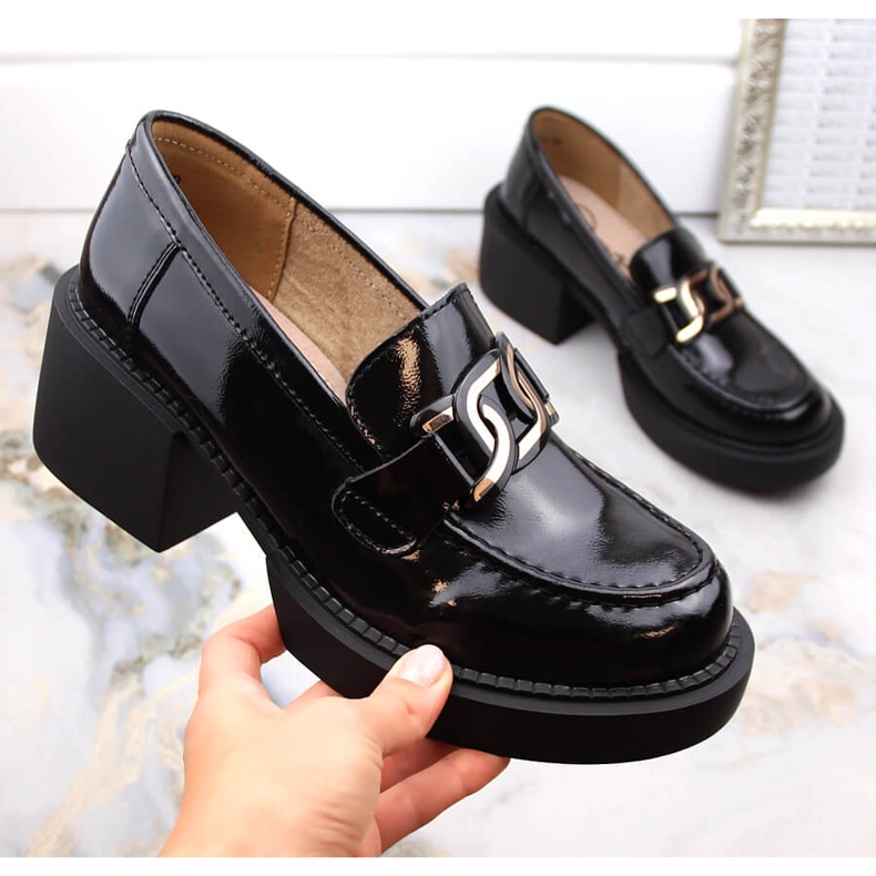 Mocasini cu toc de dama din piele lacuita neagra Filippo DP4920 negru 1