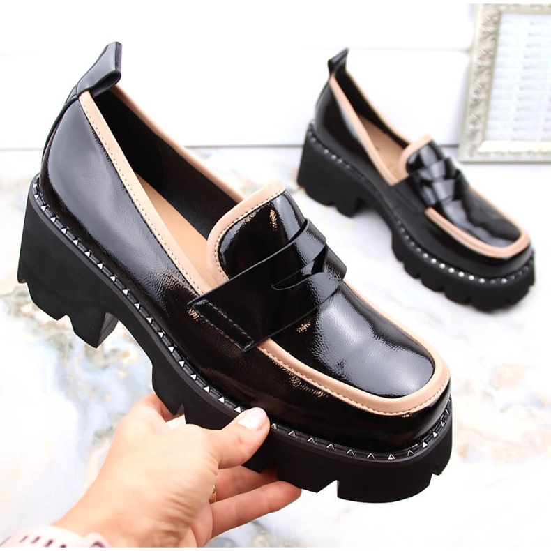 S.Barski Mocasini din piele lacuita cu toc inalt si platforma, negri D&amp;A MR870-32 negru 1